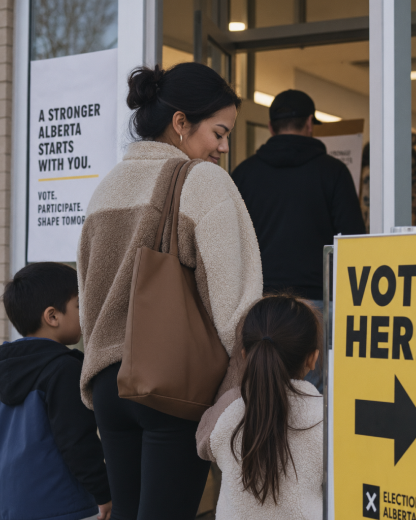 A mom and her two children enter a polling station on election day.